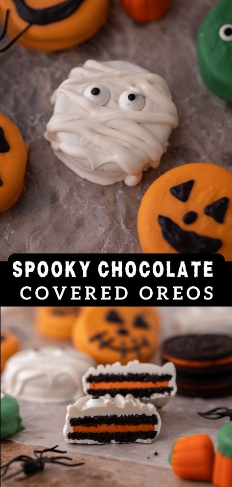 These Spooky Halloween chocolate covered Oreos are a fun treat to make for this Halloween season! Spider Oreos Halloween, Candy Corn Recipe, Halloween Oreos, Candy Eyeballs, Halloween Sprinkles, Orange Candy, Oreo Recipes, Halloween Chocolate, Chocolate Covered Treats