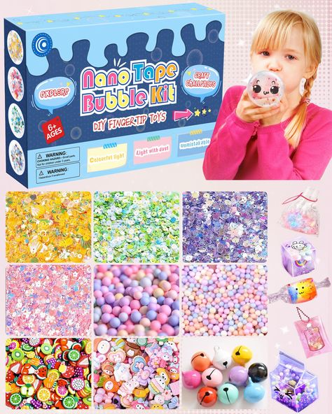 PRICES MAY VARY. 😃【High Quality Nano Tape Bubbles Kit 】The nano tape squishy kit includes 95pcs accessories:32pcs small bubble sheets,12 pcs medium bubble sheets,3 pcs large bubble sheets,10 small animal decorative toys,20 pack colorful decorative toys,5 packs of fruit slices to decorate,3 small colorful bells,5 pack small colorful foam balls,5 balloon straws.Enough for you to create more fun and beautiful plastic bubble. 😎【Simple Operation】The nano bubble kit includes a DIY secret book to fol Nano Tape Squishy, Tape Squishy, Nano Tape Bubble, Nano Bubble, Bubble Diy, 5 Balloons, Bubble Balloons, Novelty Toys, The Secret Book