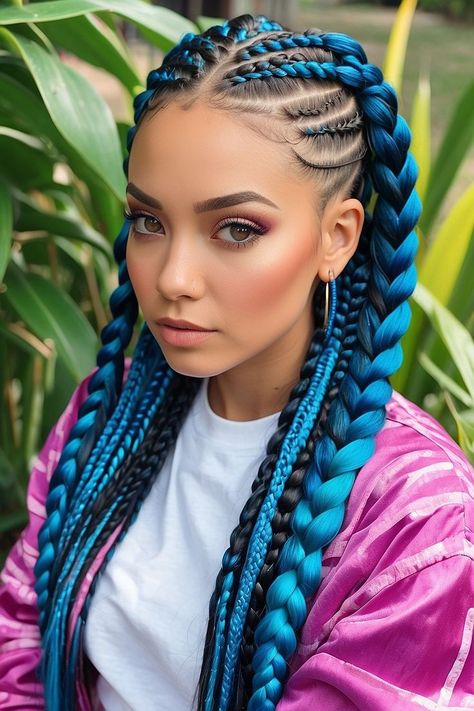 Braided Hairstyles With Added Hair, Lots Of Braids Hairstyles, Braided Hairstyles With Color, Rave Braids Festival Hair, Braids For White Women, Blue And Black Braids, Festival Hair Braids, Blue Braids, Rave Braids