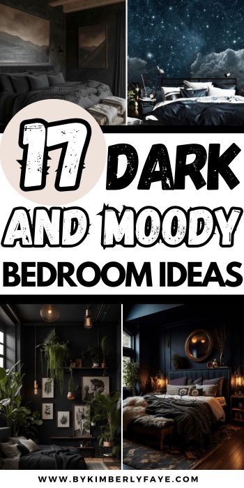 17 Dark And Moody Bedroom Ideas That Are Super Cozy - By Kimberly Faye Master Bedrooms Wall Decor Cozy Relaxing, Bedroom Style Ideas Cozy, Dark Romance Aesthetic Bedroom, Moody Black Bedroom, Moody Small Bedroom, Cozy Dark Bedroom Ideas, Moody Master Bedrooms Decor, Dark Forest Bedroom, Cozy Moody Bedroom