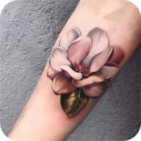 Magnolia Tattoo For Men, Magnolia Color Tattoo, Realistic Magnolia Tattoo, Black And White Magnolia Tattoo, Magnolia Tattoo Sleeve, Magnolia Tattoo Design, Men Flower Tattoo, Realistic Flower Tattoo, Magnolia Tattoo