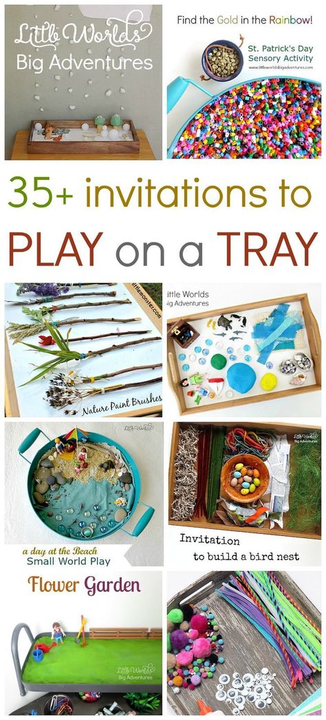 35 Ideas to Play on a Tray, Simple Invitations to Play, Create and Explore - Little Worlds | Invitation to play, Play activities, Invitations Montessori Invitation To Play, Invitation To Play Ideas, Invitation To Play Kindergarten, Kindergarten Invitations To Play, Invitation To Create Preschool, Invitations To Play Preschool, Preschool Invitations To Play, Play Tray Ideas, Provocations Preschool