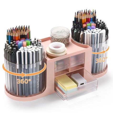 PRICES MAY VARY. 【2 Rotating Pencil Holder + 3 Drawer】Set of 10 compartments rotating pen organizer, 1 top tray, and 3 drawers, no assembly required. The 3 drawer organizer has enough storage to allow for office supplies organization, makes it easy to hold and sort pencils, pens, rulers, scissors, pencil knife, etc. Save your time searching for different pens. 【Multi-purpose Rotating Desk Organizer】Ideal desk storage for desk accessories. Good desk organizer with drawers for small desktop statio Desk Inspired, Stationary Organization Desk, Teacher Supply Organization, Home Office Desk Organization, Pen Holder, Cute Stationery With Pen Holders For Organization, Pink Stationery With Pen Holders For Study, Multicolor Organizers With Pen Slots For Everyday Use, Teacher Supplies Organization