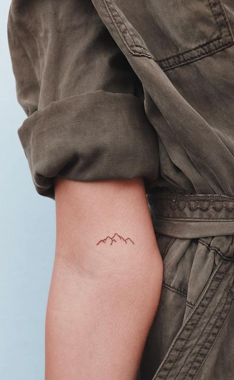 Tiny Mountain Tattoo Simple, Mini Mountain Tattoo Simple, Mountain Tattoo With Trees, Colorado Themed Tattoos, Quote Wrist Tattoo, Little Mountain Tattoo, Tattoos Of Mountains, Mountain Fine Line Tattoo, Tattoo Ideas Mountains