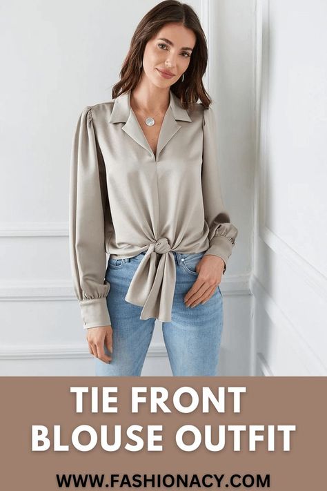 Tie Front Blouse Outfit Tie Front Blouse Outfit, Tie Blouse Outfit, Chic Blouses, Tie Front Blouse, Notch Collar, Tie Blouse, Blouse Outfit, High Waist Jeans, Blouses