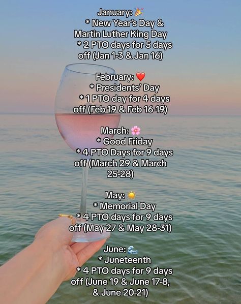 Maximize Your PTO In 2024 ✈️ 🌴 Ready to make the most out of your vacation days in 2024? Check your work calendar and get ready to plan some epic adventures! Here's how to maximize your PTO: ✈️ Combine holidays with weekends for extended breaks. 🗓️ Take note of national public holidays in the U.S. 📅 Strategically plan time off around long weekends and major holidays. #pto #paidtimeoff Maximize Days Off 2024, Vacation Calendar, 4 Day Weekend, Work Calendar, Paid Time Off, Holiday Schedule, Us Holidays, Vacation Days, Day Plan