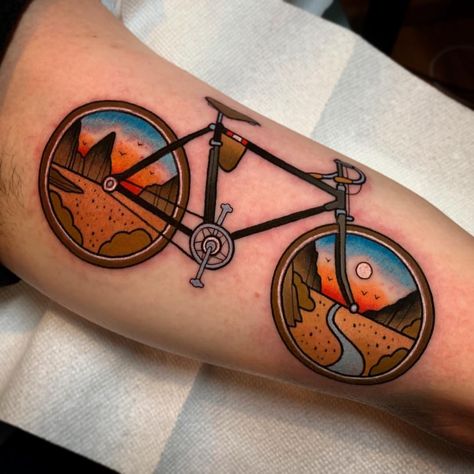 Biking Tattoo, Stay Humble Tattoo, Bright Colorful Tattoos, Humble Tattoo, Tattoo Bike, Cycling Tattoo, Mountain Bike Tattoo, Bike Tattoo, Trad Tattoos