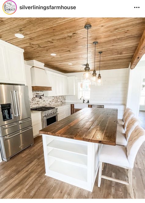 Wood Walls White Ceiling, Wood Ceilings In Kitchen, 8 Foot Ceiling Kitchen, Wood Ceiling Kitchen, Kitchen Ceiling Ideas, White Painted Cabinets, White Kitchen Cupboards, White Wash Walls, Small Farmhouse Kitchen