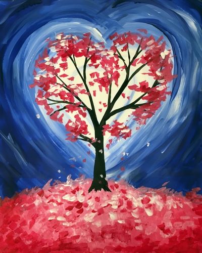 Heart Tree Painting, February Canvas Painting Ideas, Valentine Canvas Painting Ideas, February Painting Ideas, Valentine Canvas Painting, Valentine Paintings On Canvas, Paint Night Ideas Easy, Heart Painting Ideas, Canvas Ideas Easy