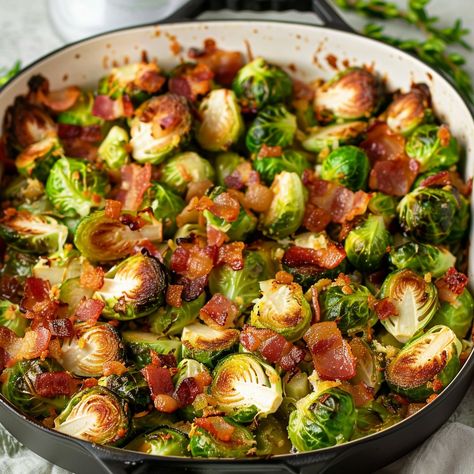 Easy Brussels Sprouts and Bacon - Krystel's Cooking Brussels Sprouts Recipe With Bacon, Sautéed Brussels Sprouts, Sausage And Green Beans, Brussels Sprouts And Bacon, Sprouts And Bacon, Easy Bacon Recipes, Sauteed Brussel Sprouts, Quick Side Dishes, Bacon Brussel Sprouts