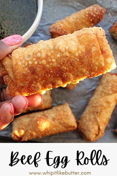 Beef Egg Rolls are a Chinese style snack prepared with an American flair. The Egg Rolls are filled with beef, cabbage, carrots and green onions. Egg Rolls Recipe Beef, Rotel Eggrolls Recipe, Egg Roll Recipes Beef, Ground Beef Egg Rolls, Beef Egg Rolls, Chicken Rotel, Chinese Egg Rolls, Snacks Homemade, Chinese Appetizers