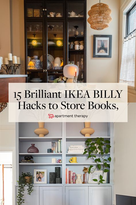 Check out 15 brilliant ideas for hacking IKEA’s iconic BILLY bookcase to store books, pantry items, dishes, and more. Billy Bookcase Hack Rental, Ikea Billy Bookshelf Hack, Ikea Billy Bookcase Reading Nook, Billy Bookcase Setup, Billy Bookcase Transformation, Ikea Billy Bookcase Kids Room, Billy Bookcase Upcycle, Styling Billy Bookcase, Ikea Billy Styling