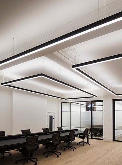 Exposed Ceiling Office, Exposed Ceiling Lighting, Office Lighting Ceiling Work Spaces, Exposed Ceiling, Linear Light, Exposed Beams Ceiling, Industrial Cafe, Exposed Ceilings, London Wall