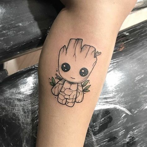 Tattoo Cartoon Ideas, Groot Tatoos, I Am Groot Tattoo, Groot Tattoo Design, Groot Tattoo Ideas, Baby Groot Tattoo, Toothless Tattoo, Alien Tattoos, Groot Tattoo