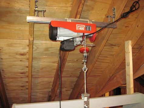 Attic Lift Hoist | Hoist automatically shuts off if the lift… | Flickr Diy Attic Ladder, Attic Elevator, Garage Attic Lift, Garage Hoist, Garage Attic Storage, Attic Lift, Attic Organization, Garage Attic, Garage Lift