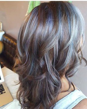 Grey Hair With Blue Highlights, Ideas For Dark Brown Hair, Highlight Styles, Blue Brown Hair, Grey Brown Hair, Highlights Subtle, Ash Grey Hair, Highlights On Brown Hair, Silver Hair Dye