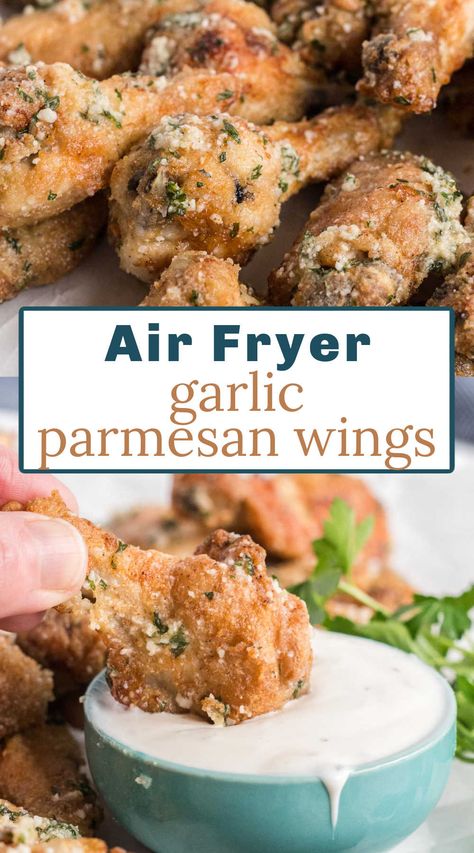 Air Fryer Recipes Chicken Wings, Fun Appetizers, Air Fry Chicken Wings, Fish Meals, Air Fryer Wings, Garlic Wings, Air Fryer Garlic, Parmesan Wings, Garlic Parmesan Wings