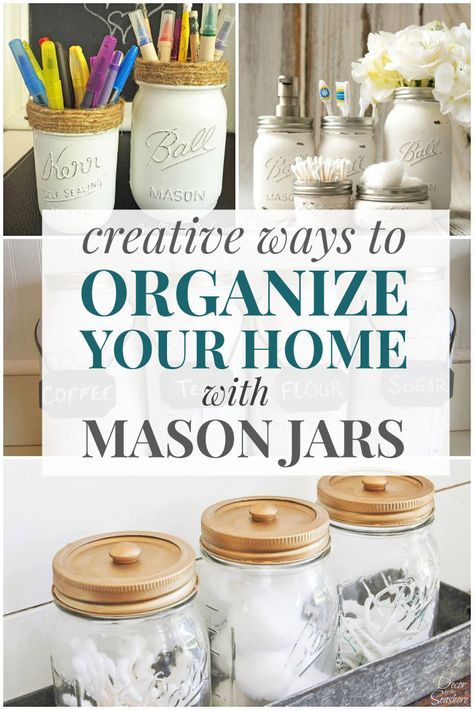 Organize your home in style with these easy DIY mason jar storage ideas! Mason jar organizers are the perfect way to organize every room in your home. Best of all, they're cute, functional, and budget-friendly. What a great way to get that clutter under control! | decorbytheseashore.com Mason Jar Storage Ideas, Jar Storage Ideas, Housekeeping Ideas, Ways To Organize Your Home, Mason Jar Organization, Mason Jar Storage, Ways To Organize, Organize Your Home, Ideas Craft