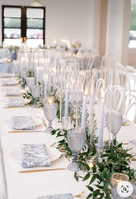 Blue Candles Wedding Table, Blue And White Candle Centerpiece, Coastal Candle Centerpieces, Clear Glass Wedding Table Decor, Blue And White Candle Centerpieces, Light Blue Greenery Wedding, Vintage Blue Table Setting, Light Blue Tablescape Wedding, Light Blue Taper Candles