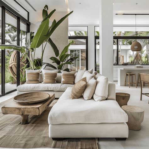 Modern Tropical White and Tan Living Room Concept Tropical With Asian Influence, Tropical Modernism Interior, Miami Modern Interior Design, Living Room Modern Tropical, Tropical Villa Interior, White And Tan Living Room, Tulum Inspired Living Room, Tropical Minimalist Interior, Tulum Living Room