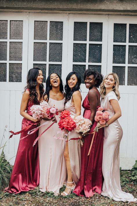 Blush pink and raspberry bridesmaid dresses, Pink bridesmaid dresses, Bridesmaid photo ideas, slip bridesmaid dress, Raspberry Bridesmaid Dresses, Simple Bridesmaid Dress, Fringe Wedding Dress, Magenta Wedding, Red Wedding Flowers, Bridal Party Outfit, Mismatched Bridesmaids, Pink Color Schemes, Mismatched Bridesmaid Dresses