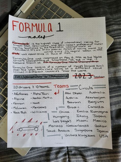 Pg. 1 Car Journal Ideas, Formula One Journal, Formula 1 Journal Ideas, F1 Journal Ideas, Formula 1 Journal, F1 Bullet Journal, F1 Scrapbook, F1 Notebook, F1 Book