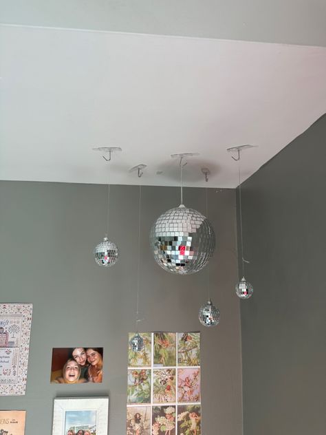 Mirrorball | disco | decor | college Disco Balls From Ceiling, How To Hang Disco Ball From Ceiling, Mirrorball In Bedroom, Disco Balls In Room, Mirror Ball Room Decor, Bedroom Disco Ball, Mirrorball Room Decor, Hanging Disco Ball Decor, Disco Ball In Room