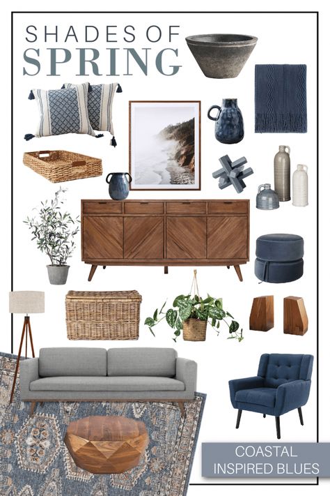 Gray And Blue Interior Design, Navy Coastal Decor, Home Interior Design Wallpaper, Blue Living Room Ideas Home Decor, Organic Modern With Pops Of Color, Living Room Decor Blue And Gray, Navy And Terracotta Living Rooms, Mixed Wood Living Room, Navy Office Decor