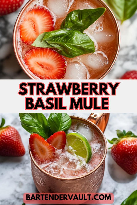 Photos of a Strawberry Basil Moscow Mule cocktail from two different angles. Strawberry Moscow Mule Recipe, Moscow Mule Recipe Best, Mule Drink Recipes, Moscow Mule Bar, Strawberry Mule, Strawberry Moscow Mule, Cocktail Moscow Mule, Moscow Mule Recipes, Mule Drink