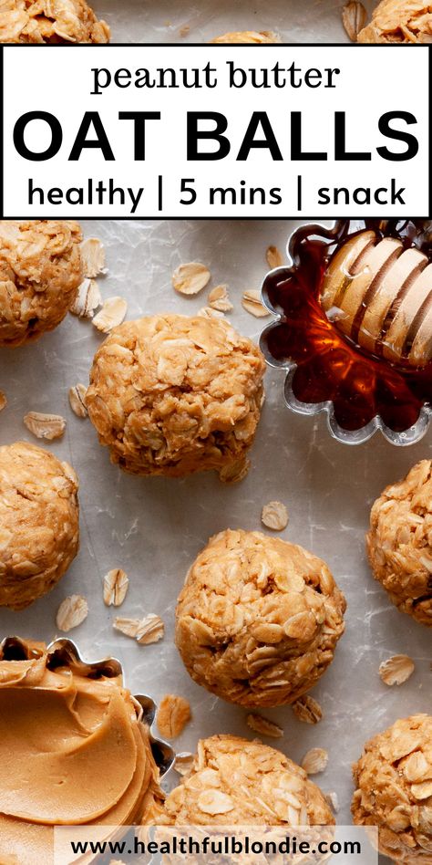 This is the best no-bake 3 ingredient peanut butter oatmeal balls recipe; it’s so easy to make in 5 minutes, healthy, and gluten-free. The perfect meal prep breakfast, snack, and dessert! Peanut Butter Oat Balls, Peanut Butter Oatmeal Balls, Oat Balls, Blondie Recipes, Oatmeal Balls, Peanut Butter Oat, Oatmeal Bites, Peanut Butter Energy Balls, Peanut Butter Snacks