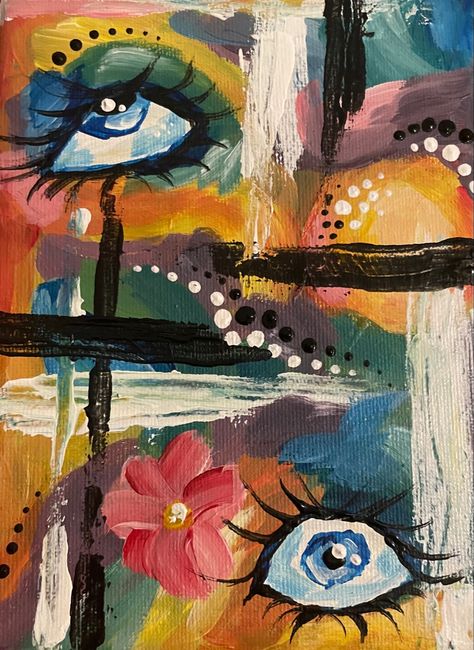 Abstract Weird Art, Funky Aesthetic Art, Funky Art Acrylic, Acrylic On Sketchbook, Quirky Acrylic Paintings, Acrylic Painting Eye, Funky Abstract Art, Funky Canvas Painting Ideas, Funky Art Ideas