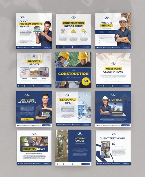 Elevate your construction brand's online presence with these professionally designed, editable Instagram templates. This versatile pack includes a variety of templates to suit your business needs, from showcasing projects and team members to engaging with your audience through informative posts and captivating visuals. What's Included: * A collection of editable Instagram post templates *... Informational Social Media Post, Informative Social Media Post Design, Informative Instagram Post Design, Quote Social Media Post, Construction Social Media Design, Informative Instagram Post, Construction Instagram Post, Business Social Media Posts Design, Corporate Social Media Design