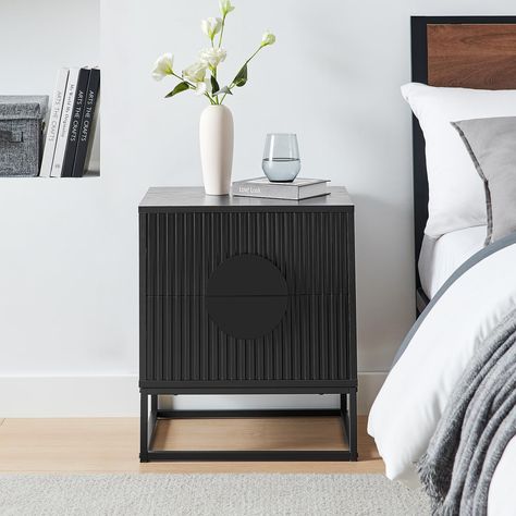 Amazon.com: conifferism Black Nightstand with 2 Drawers, Bedroom Modern Bedside Table with Metal Legs, Fluted Couch End Side Table for Small Spaces, Living Room : Home & Kitchen Small Spaces Living Room, Drawers Bedroom, Black Nightstand, Modern Bedside, Modern Bedside Table, Table For Small Space, Bedroom Modern, Bedside Table, Modern Bedroom