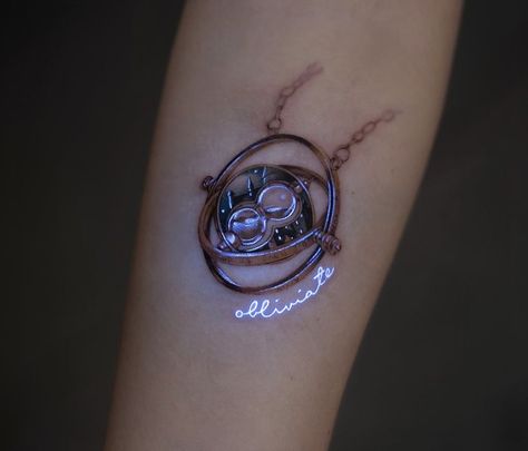 Time Arm Tattoo, Harry Potter Tattoo Unique, Harry Potter Tattoo Sleeve, Disney Inspired Tattoos, Idea Man, Neon Tattoo, Kpop Tattoos, Hp Tattoo, Uv Tattoo