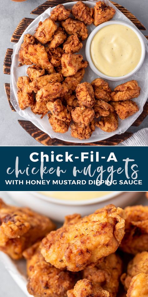 Skip the Line and make chick-fil-A's famous chicken nuggets at home for a fraction of the price. Made with real chicken breasts, a blend of spices, and the secret ingredient, pill juice. Served with a homemade Honey Mustard sauce, these nuggets are sure to satisfy the entire family! Recipe Using Chicken Nuggets, Chick Fil A Chicken Recipe, Chick Fil A Nuggets Recipe, Chik Fil A Chicken, Chick Fil A Chicken Nuggets, Chick Fil A Recipe, Chick Fil A Nuggets, Fried Chicken Nuggets, Gimme Delicious