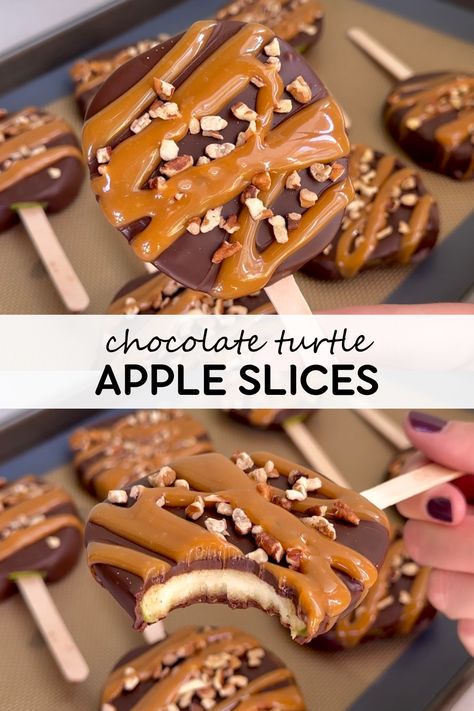 Turtle Apple Slices, Candied Apples Slices, Chocolate Covered Apples Slices, Turtle Candies, Caramel Apple Bites, Caramel Apple Slices, Chocolate Turtle, Chocolate Caramel Apples, Chocolate Covered Apples