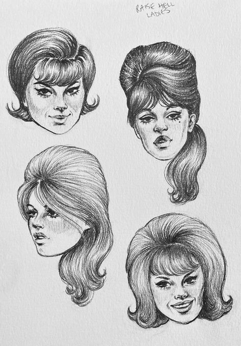 60s Female Hairstyles, Marilyn Monroe Hair Drawing, Vintage Hairstyles Drawing, Pinup Face Drawing, 1960s Fashion Drawing, 60s Hair Drawing, 70s Hair Drawing, 1960s Drawing, Comic Hair