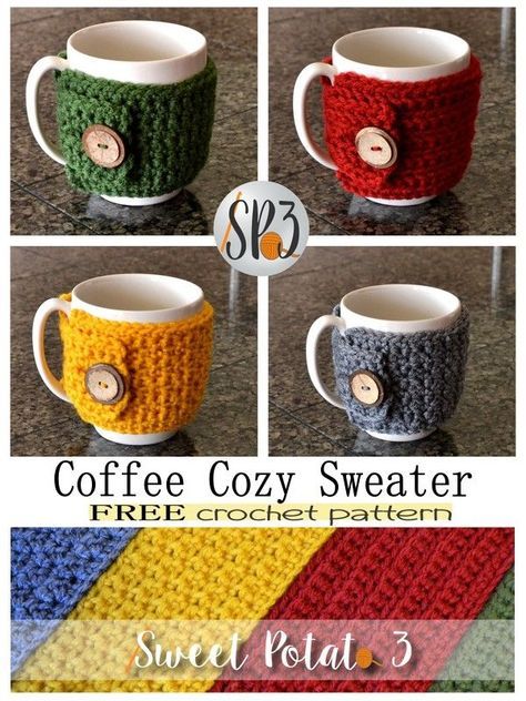 Cup Sweaters Crochet, Knitted Coffee Mug Cozy Free Pattern, Mug Cozy’s, Crochet Pattern Mug Cozy, Knitted Mug Cozy, Crochet Mug Warmer Free Pattern, Coffee Cup Warmers Crochet, Easy Crochet Mug Cozy, Crochet Mug Sweater