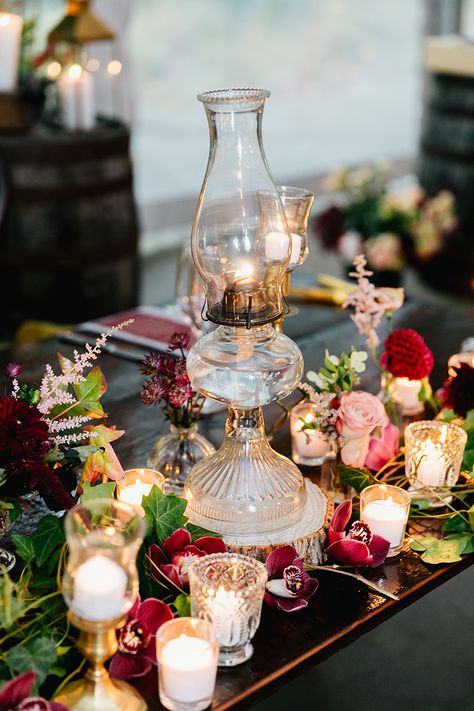 wedding decor - photo by Emily Wren Photography http://ruffledblog.com/a-burgundy-lovefest-that-youll-have-to-see-to-believe Oil Lamp Centerpiece, Rabbit Rabbit, Wedding Ceremony Backdrop, Pinch Me, Vintage Wedding Decorations, Antique Wedding, Oil Lamp, Vintage Lamps, Wren