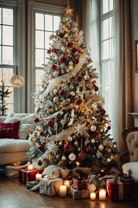 27 Aesthetic Christmas Tree Decoration Ideas for The Dreamy Christmas Tree Of All Time #christmasdecor #blueandwhite #christmastree #christmasideas 27 Aesthetic, Aesthetic Christmas Tree, Dreamy Christmas, Christmas Tree Decoration Ideas, Red And White Christmas Tree, Tree Decoration Ideas, White Christmas Tree Ideas, Red And White Christmas, Modern Christmas Tree