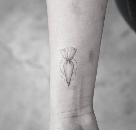 Something about this piping bag tattoo was so cute to me. Baking Related Tattoos, Tattoo Ideas For Bakers, Pastry Bag Tattoo, Bakery Tattoo Pastry Chef, Small Baking Tattoo, Pastry Tattoo Bakers, Tattoos For Bakers, Cute Cake Tattoo, Small Cake Tattoo