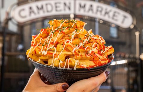 Dinner In London, Fresh Cut Fries, Columbia Road Flower Market, England Travel Guide, London Bucket List, Camden Market, Loaded Fries, Camden Markets, Food Stall