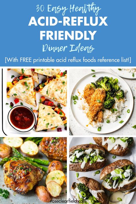 A round-up of 30 easy healthy acid reflux-friendly dinner ideas! Keep your body healthy and happy with simple, stress-free meal planning. Includes a FREE printable best and worst acid reflux foods reference list. #acidreflux #acidrefluxfoods #healthydinnerideas Reflux Diet Recipes, Gerd Diet Recipes, Acid Reflux Friendly Recipes, Acid Reflux Diet Meals, Gerd Friendly, Gerd Recipes, Reflux Recipes, Gerd Diet, Acid Reflux Recipes