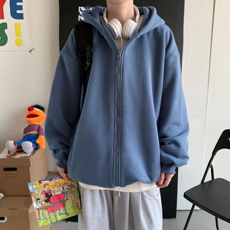 Oversized Zip Up, Zipped Hoodie Outfit, Zip Up Hoodie Aesthetic, Hoodie Outfit Korean, Blue Hoodie Outfit, Zip Hoodie Outfit, Thrift Inspiration, Sans Cosplay, Pinterest Wardrobe