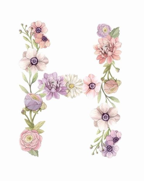 Flower Text, Floral Monogram Letter, Bumble Bee Print, Floral Alphabet, Watercolor Lettering, Anemone Flower, Letter H, Flower Letters, Floral Monogram