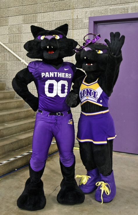 The two mascots of the University of Northern Iowa, TC (The Cat) and TK (The Kitten). Fashion Dress Design, University Of Northern Iowa, Normal School, Bulldog Mascot, Black Panthers, Street Marketing, Purple Outfits, Dance Teams, School Mascot