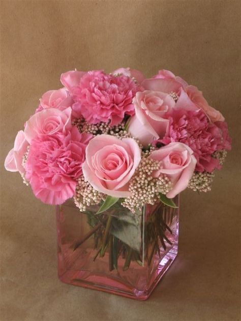 gsfrenchshabbylife Birthday Flowers Arrangements, Square Vase, Pink Carnations, Trendy Flowers, Beautiful Flower Arrangements, Deco Floral, Baby's Breath, Arte Floral, Birthday Flowers