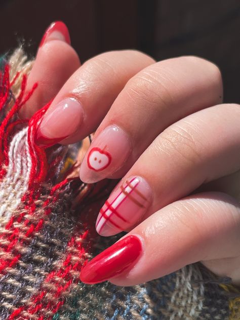 red French tips with an apple and plaid designs, perfect for September, fairs, early fall, and teachers on short almond tips. Apple Nails Design, Almond Tips, Apple Nails, Red French Tips, Fall Candy, Red French, Plaid Nails, Short Almond, French Tips