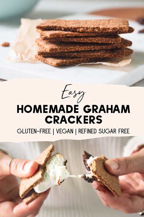 A stack of homemade Graham crackers sitting on a white cutting board with a bowl of marshmallows behind and chocolate crumbs in front. Underneath is a pink brush stroke banner with the words “Easy Homemade Graham Crackers. Gluten-Free, vegan, refined sugar free.” Underneath the banner is an ooey-gooey s’more being broken in half. Diy Graham Crackers, Gluten Free Graham Cracker Recipe, Vegan Graham Crackers, Healthy Graham Crackers, Oat Crackers, Graham Cracker Recipes, Gluten Free Graham Crackers, Vegan Marshmallows, Gluten Free Crackers