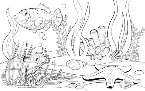 Underwater Sketch Pencil, Underwater Scene Drawing, Undersea Illustration, Under The Sea Drawings, Fish Character, Coral Drawing, Underwater Drawing, Fish Outline, Underwater Scenes